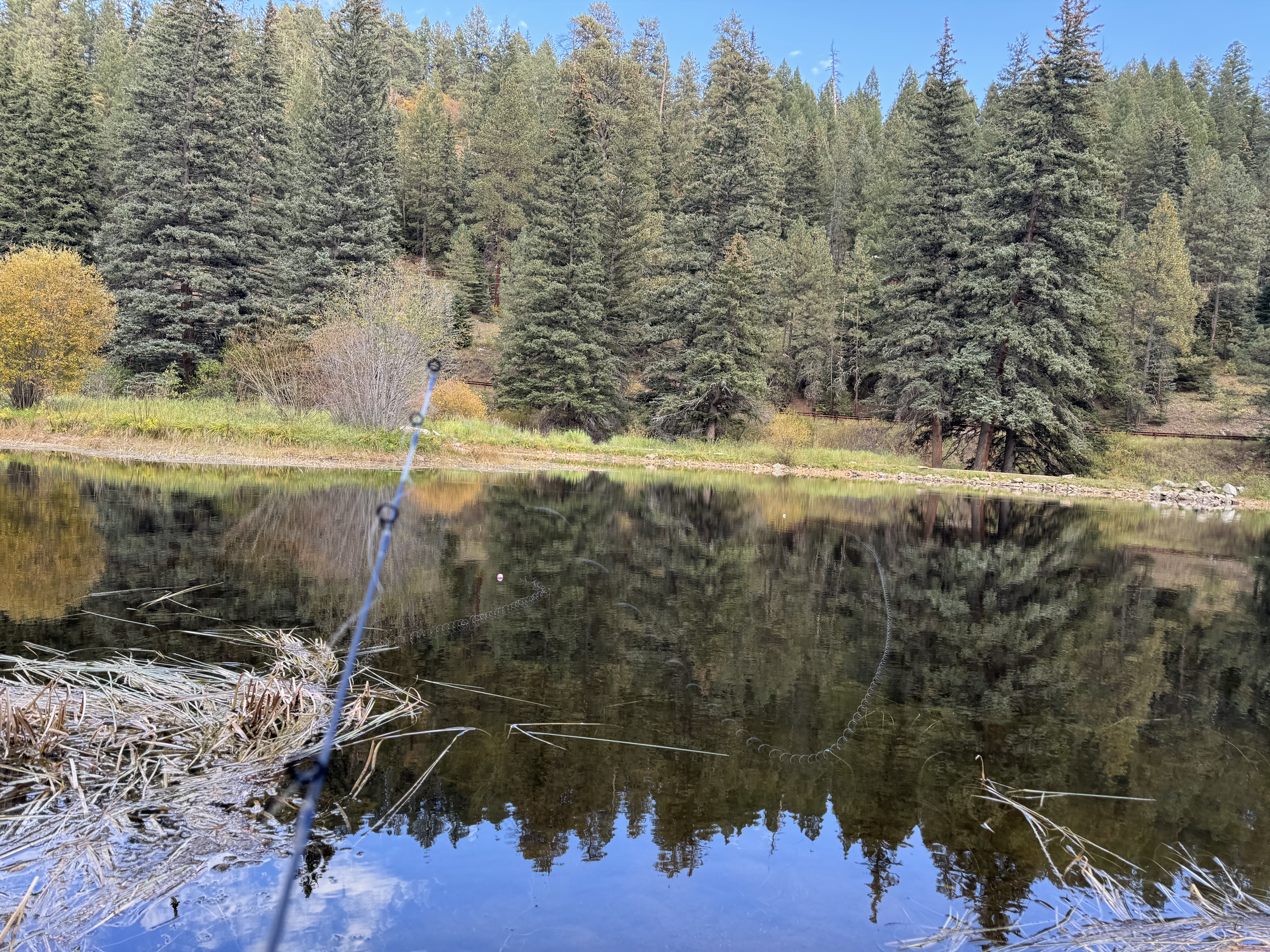 Fishing rod at Cowles Ponds Pecos Canyon fall colors reflected