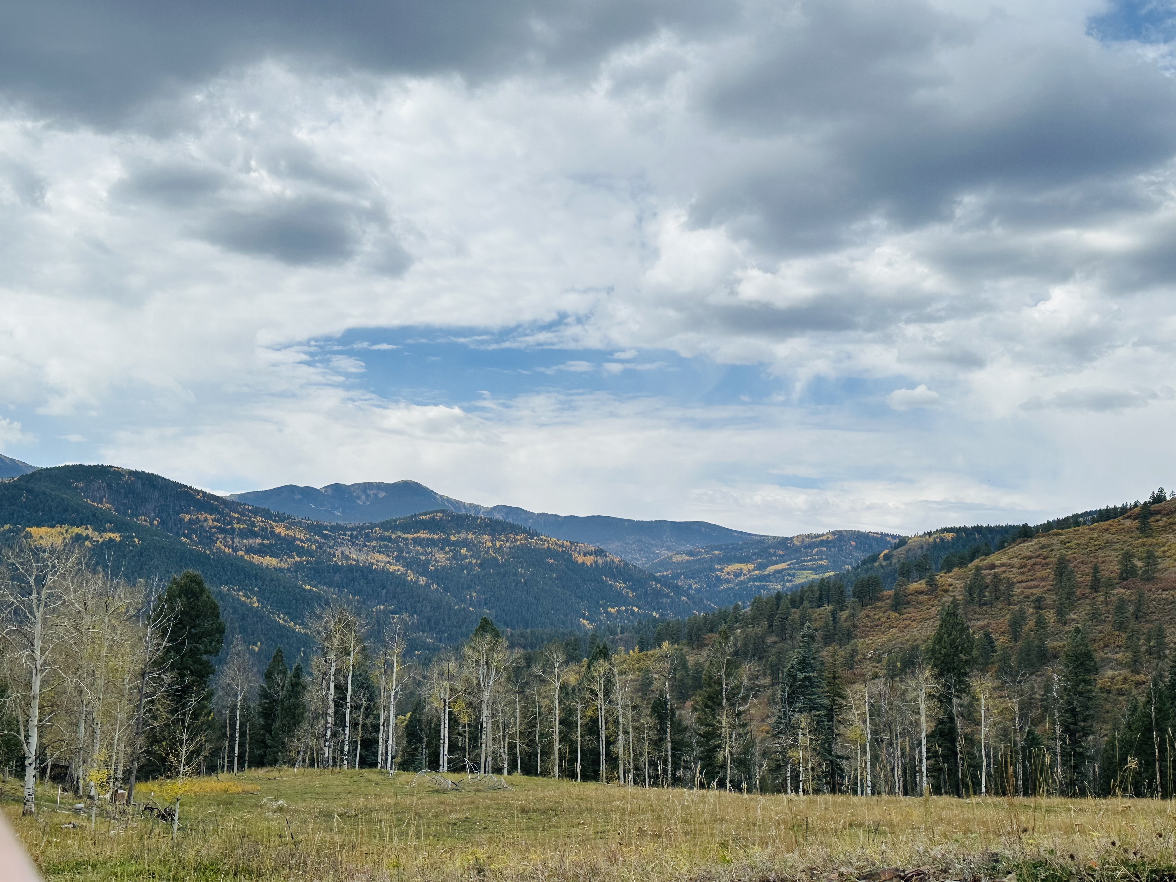 Wide mountain meadow with aspens and mountains in Pecos Wilderness