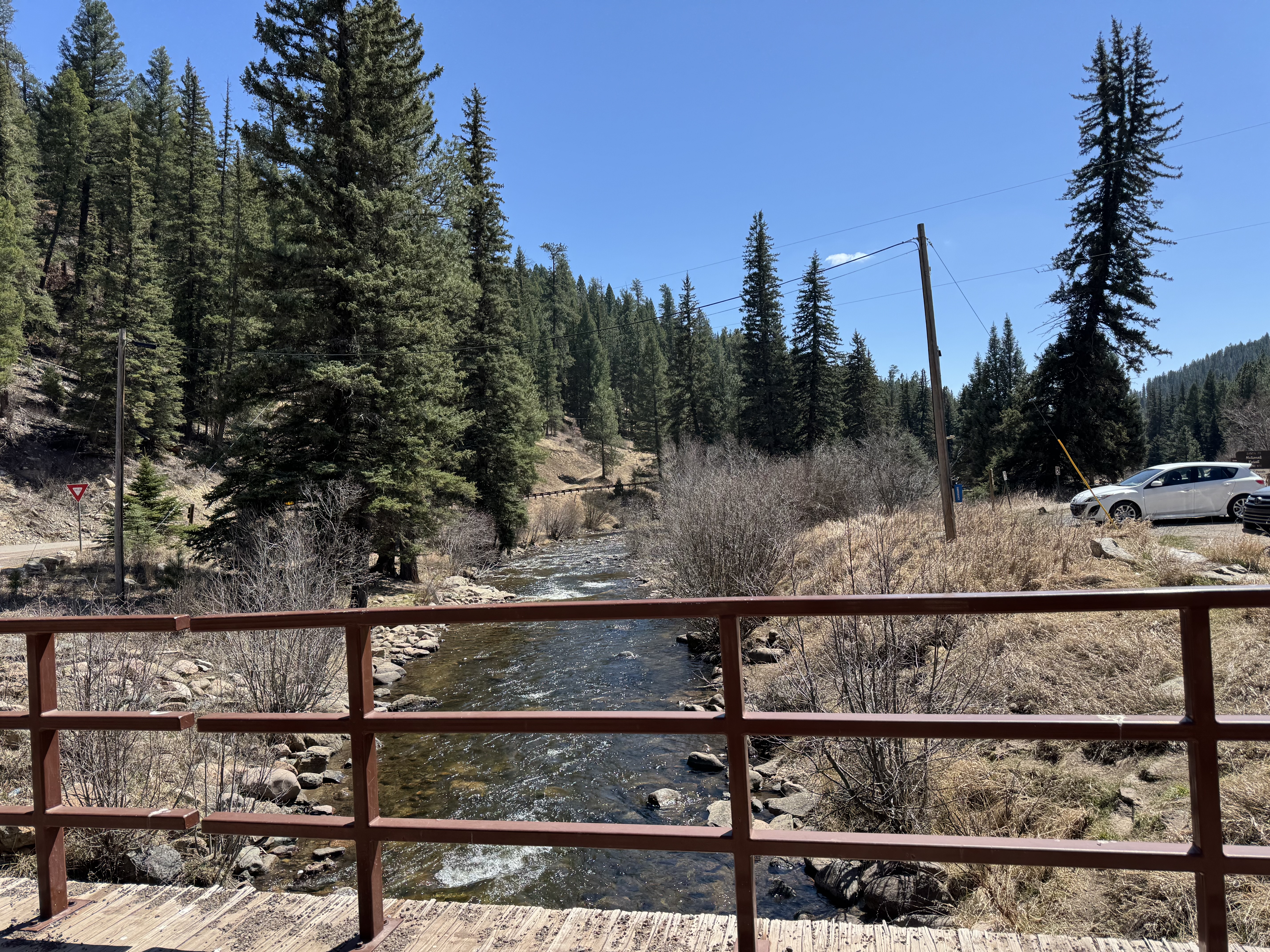 Bridge over the Pecos River looking upstream at pines and canyon